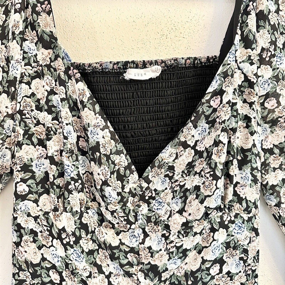 Lush Womens MIDI Dress W/ Puff Sleeve In Black Multi Floral- Size Large - Picture 4 of 14